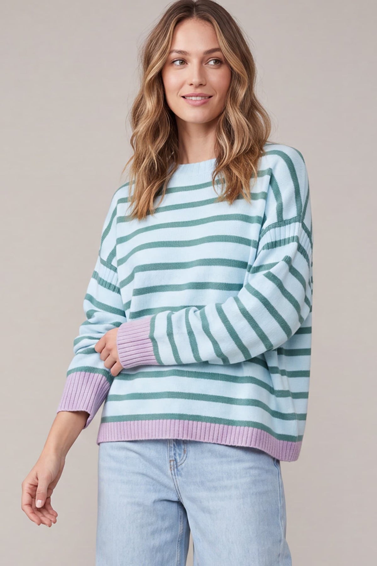 Contrast rib striped sweater in Light Blue and Slate Green alternate view