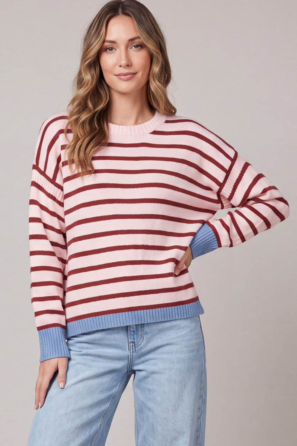 Contrast rib striped sweater in Pink/Wine alternate view