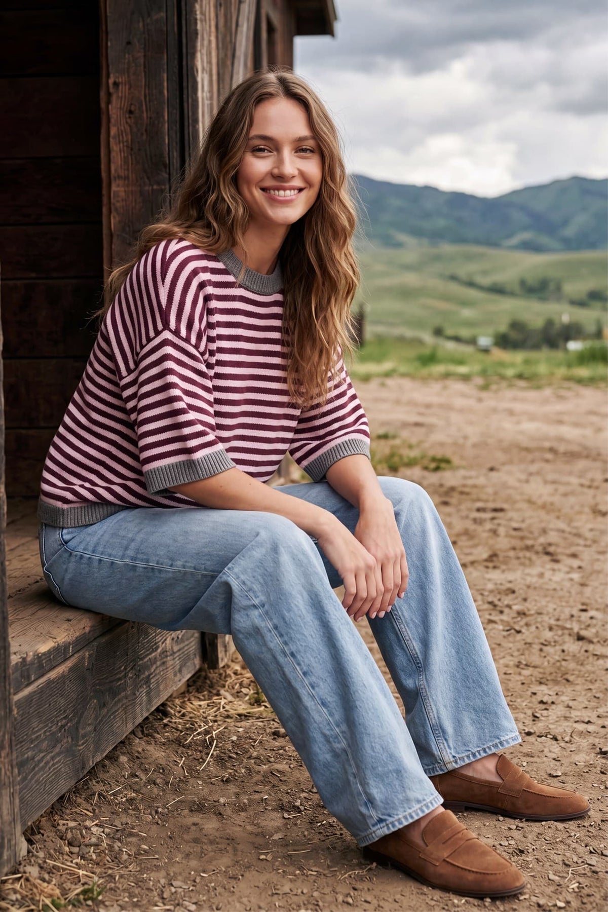 Garnet and pink half sleeve striped sweater