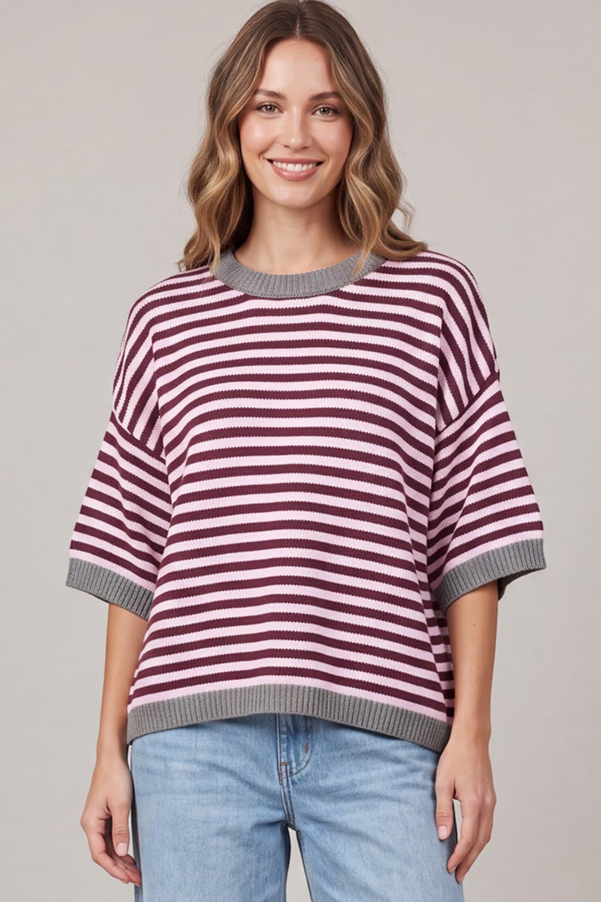 Garnet and pink striped sweater alternate view