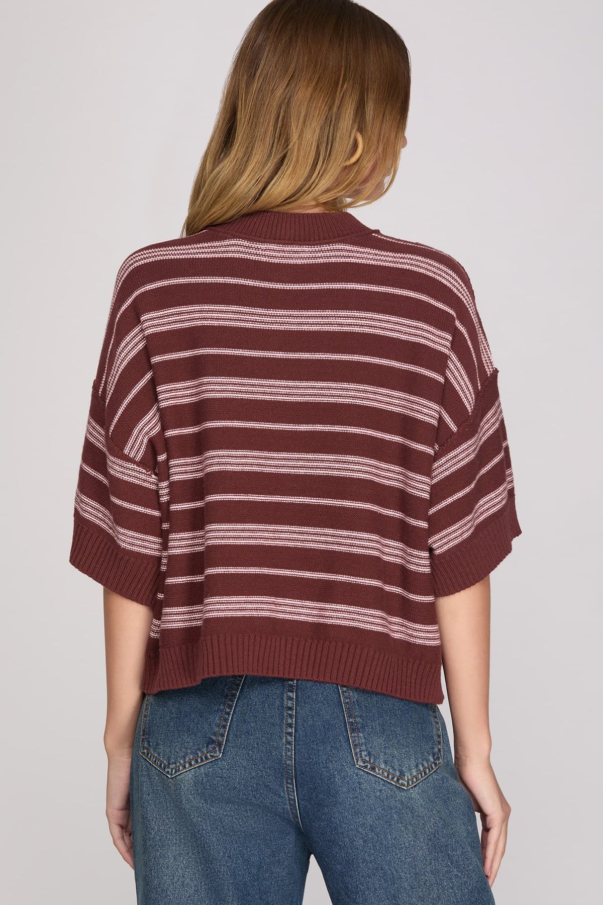 Wine striped knit top detail
