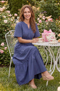 Navy V-neck tiered midi dress with pockets