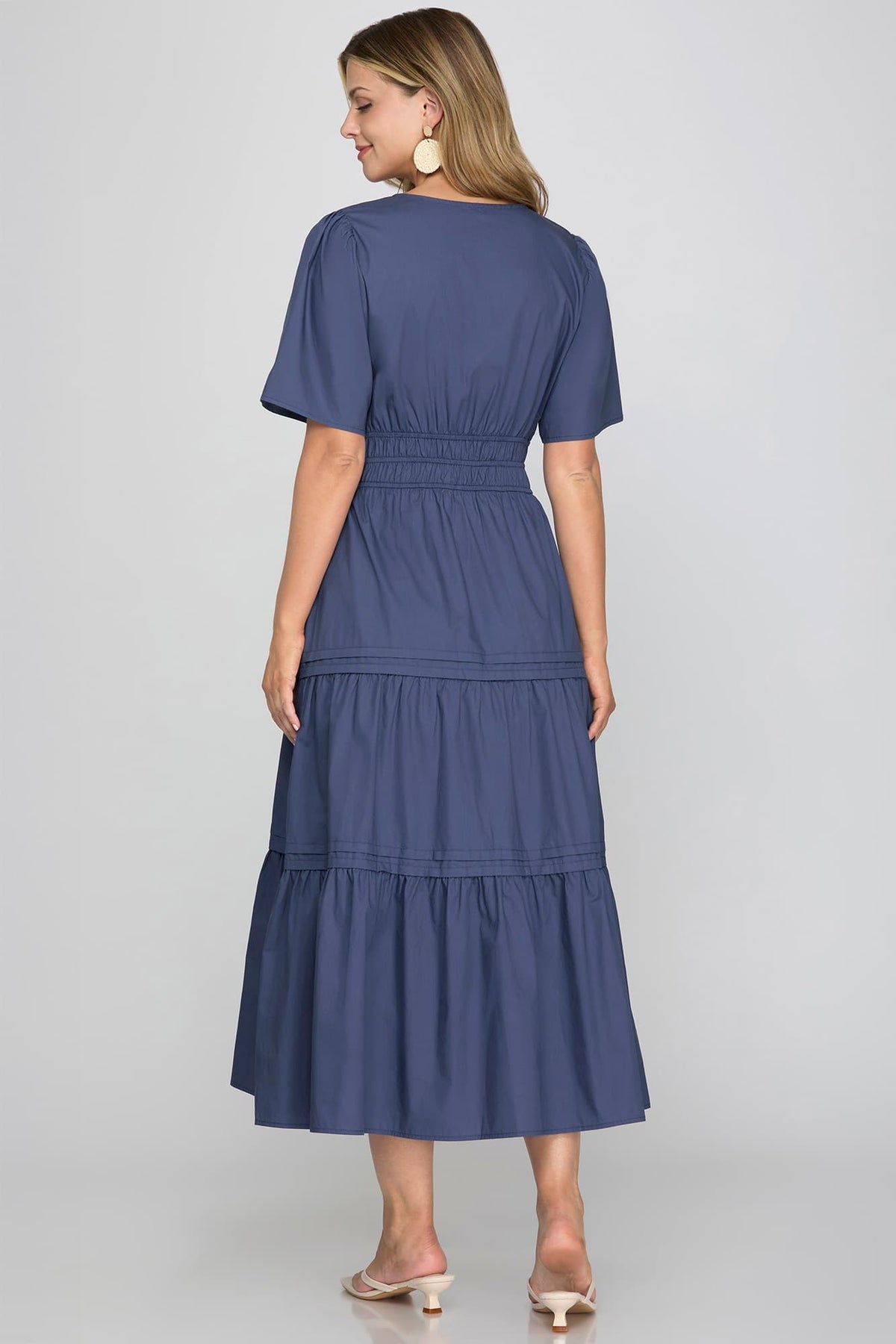 Navy tiered midi dress detail