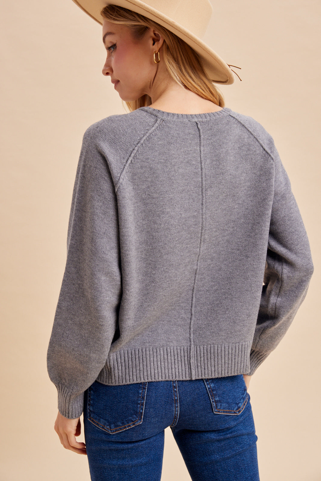 Marled Charcoal raglan henley sweater — back view