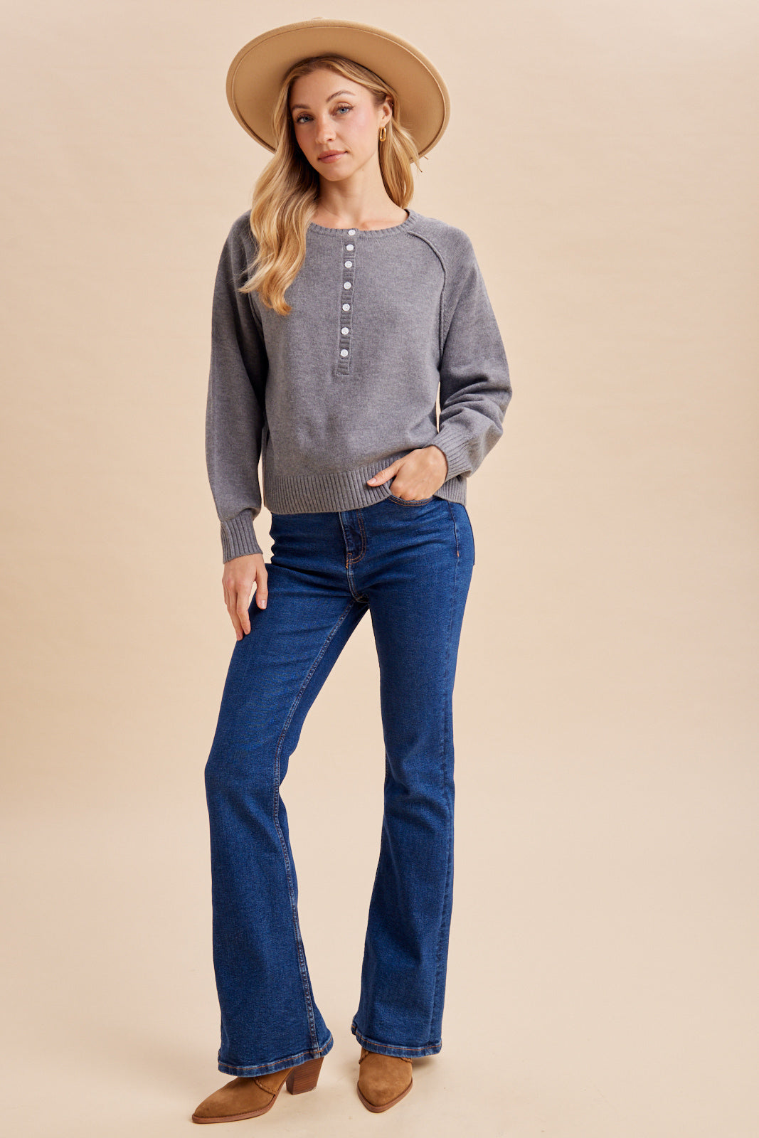 Marled Charcoal raglan henley sweater — detail