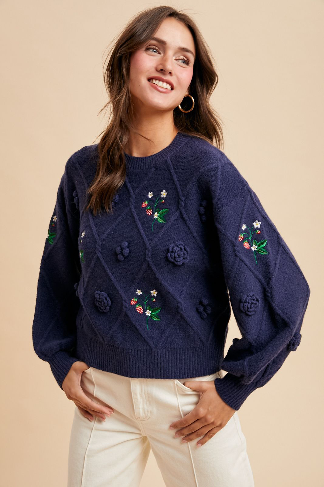 Navy 3D embroidered cable pullover