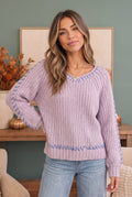 Lavender ribbed knit sweater with contrast stitch