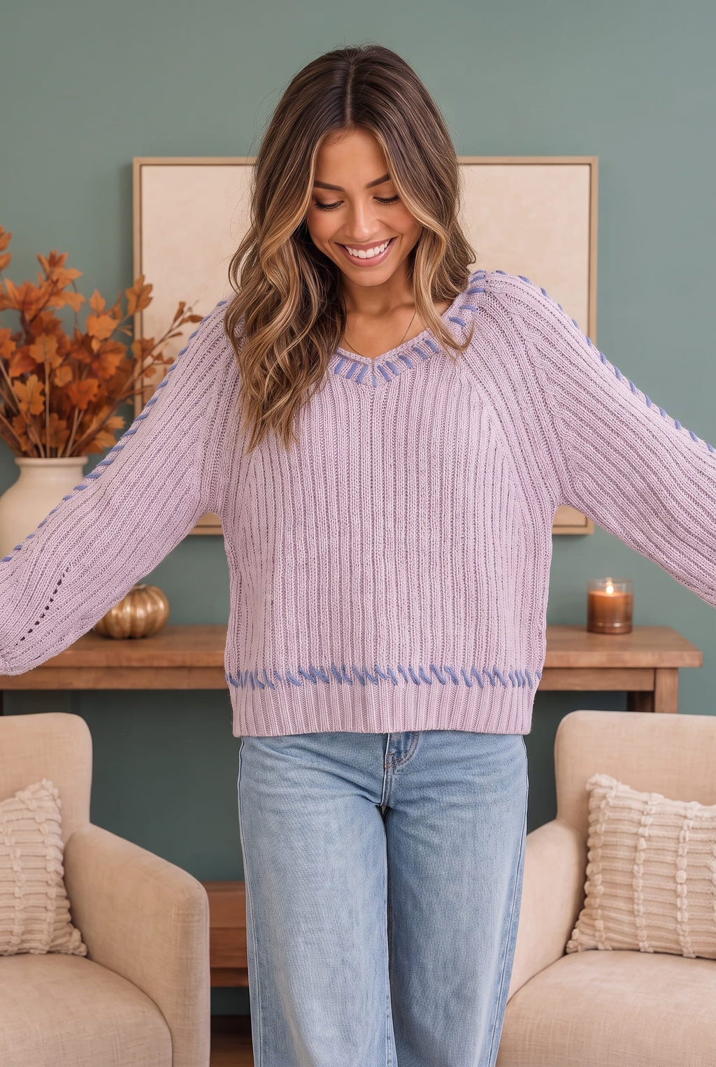 Lavender ribbed sweater styled view