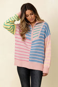 Pink stripe half zip oversized sweater