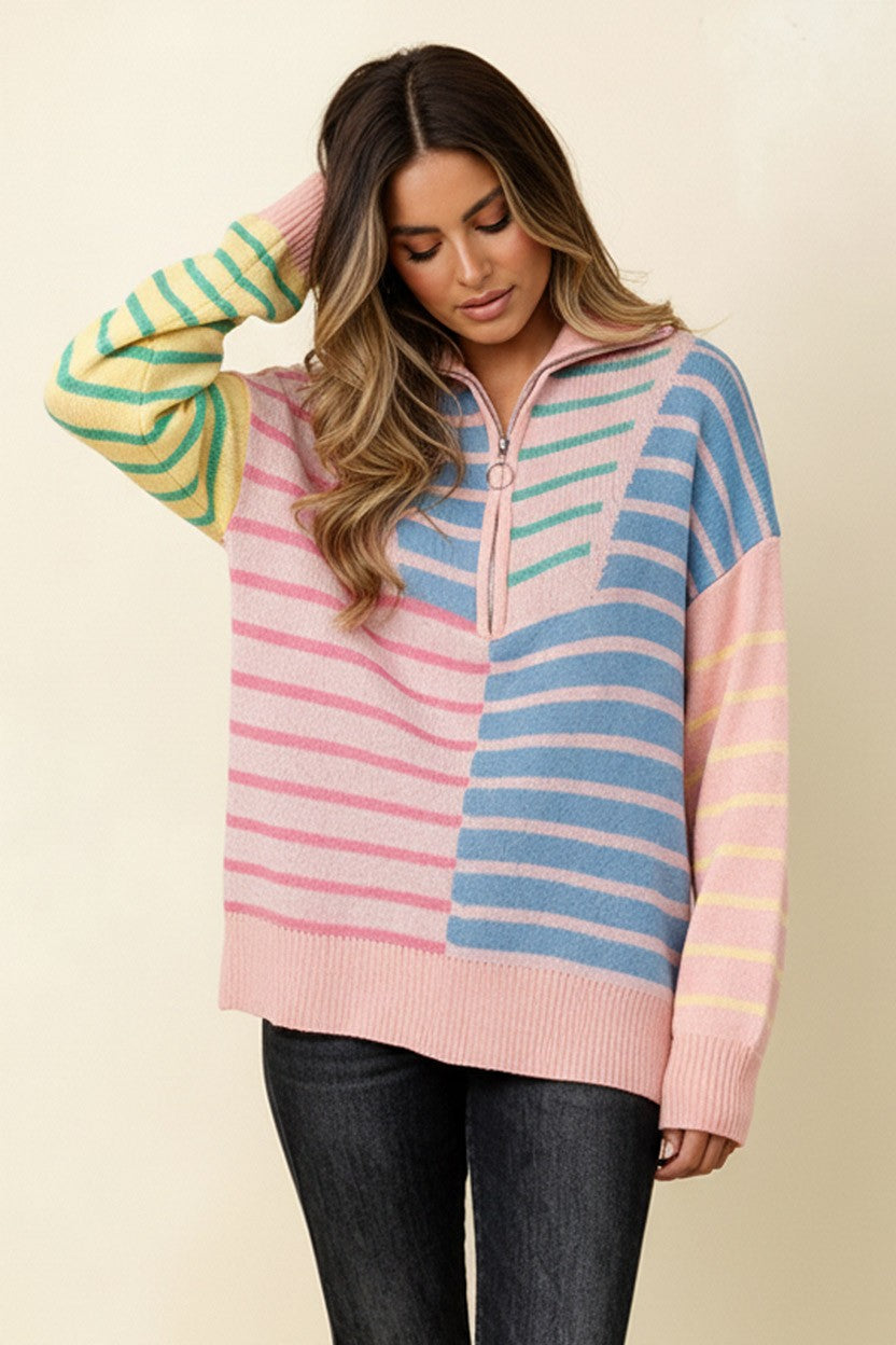 Pink stripe half zip oversized sweater