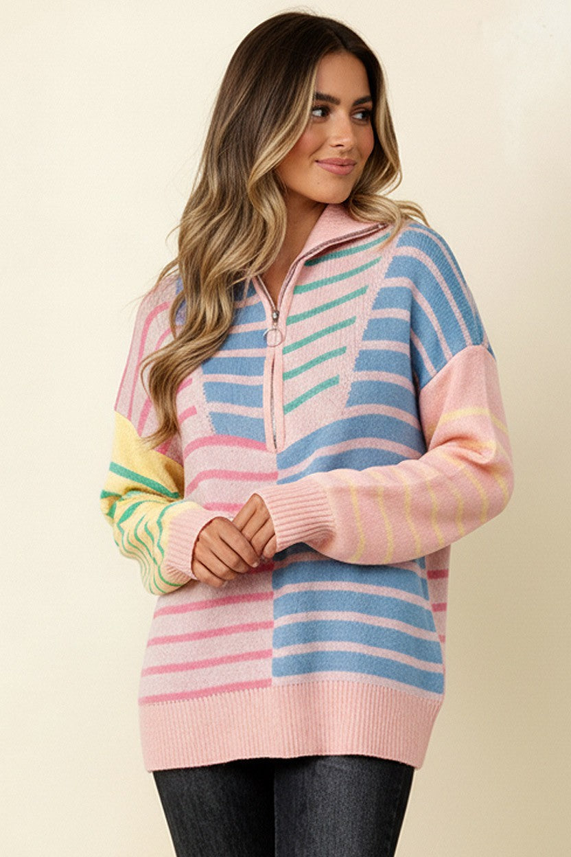 Pink stripe half zip sweater front view