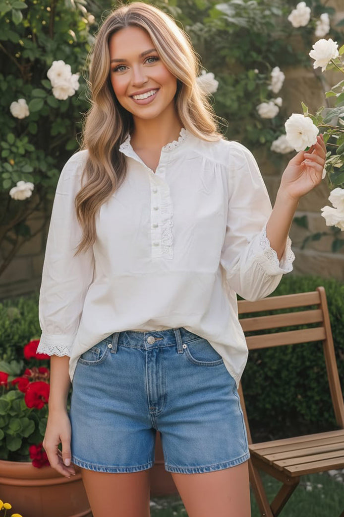 White eyelet trim puff sleeve blouse