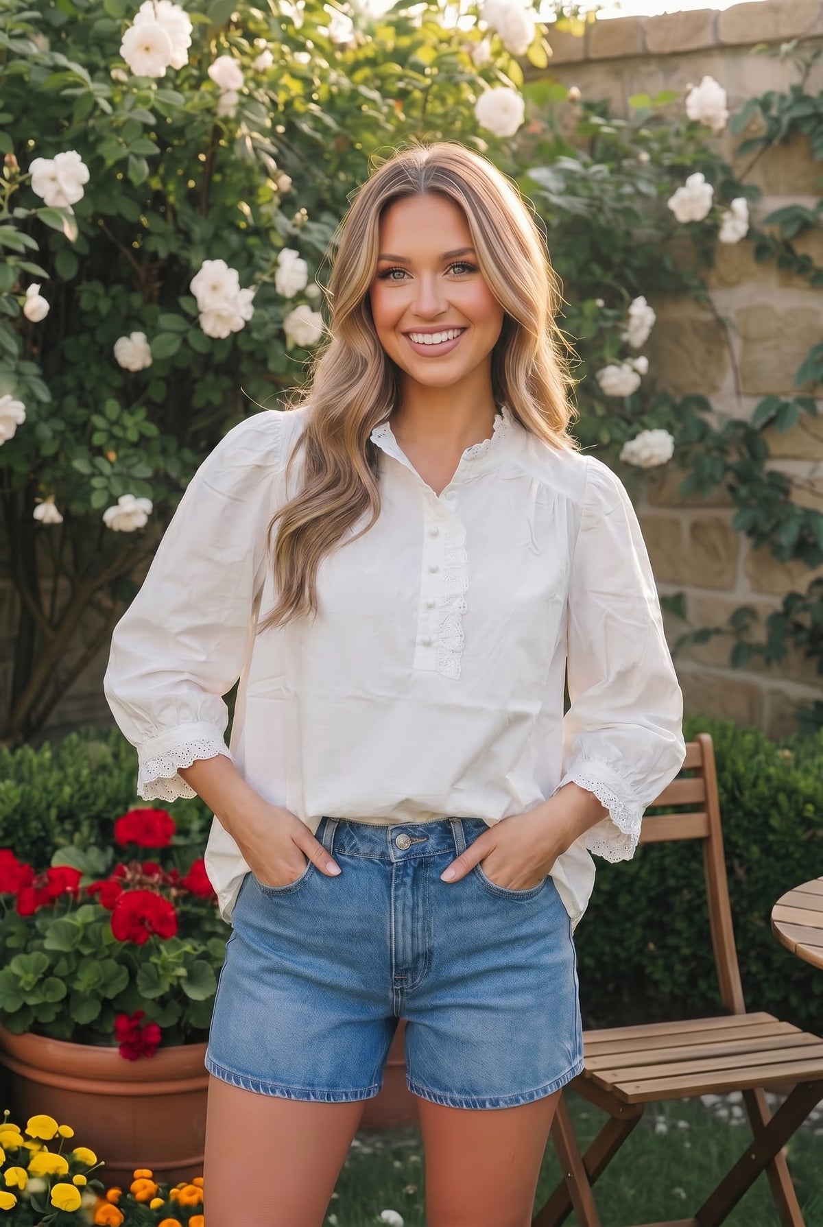 White eyelet trim blouse back view